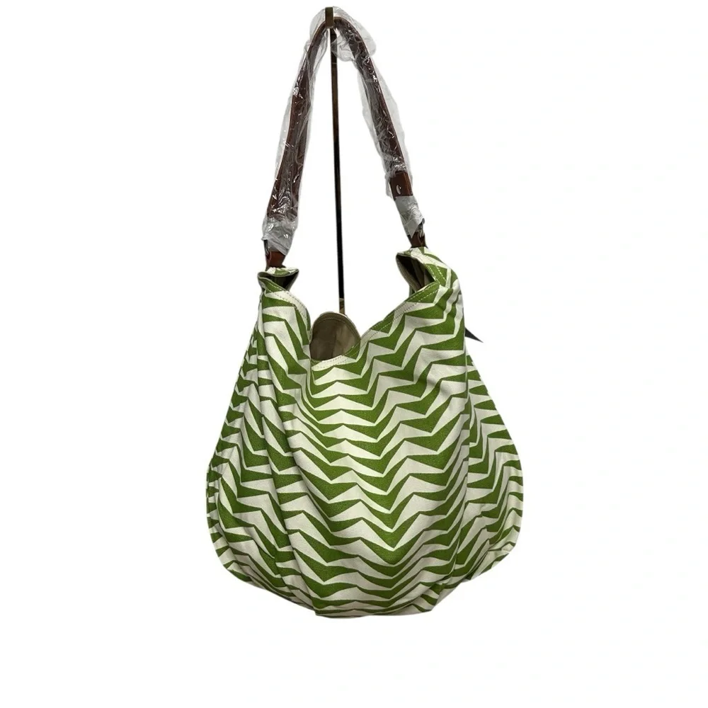 Halsea Dunes Bucket Bag Green Chevron Leather Trim Cotton Canvas Beach Chic Bag